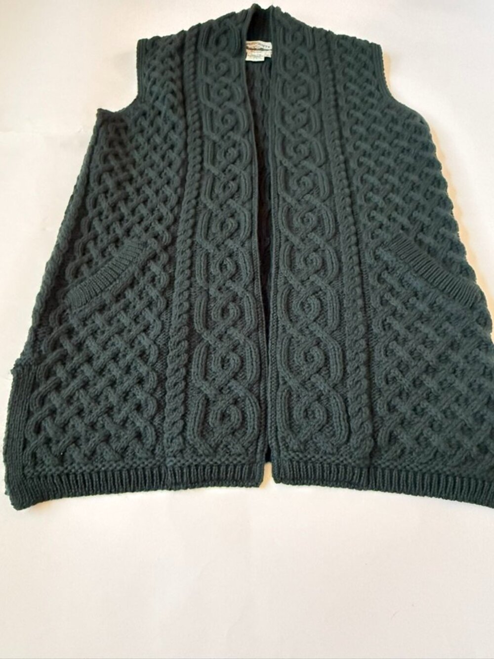 Aran Crafts Womens S 100% Merino Wool Green Vest Sweater Open Chunky Cable Knit - Picture 5 of 5